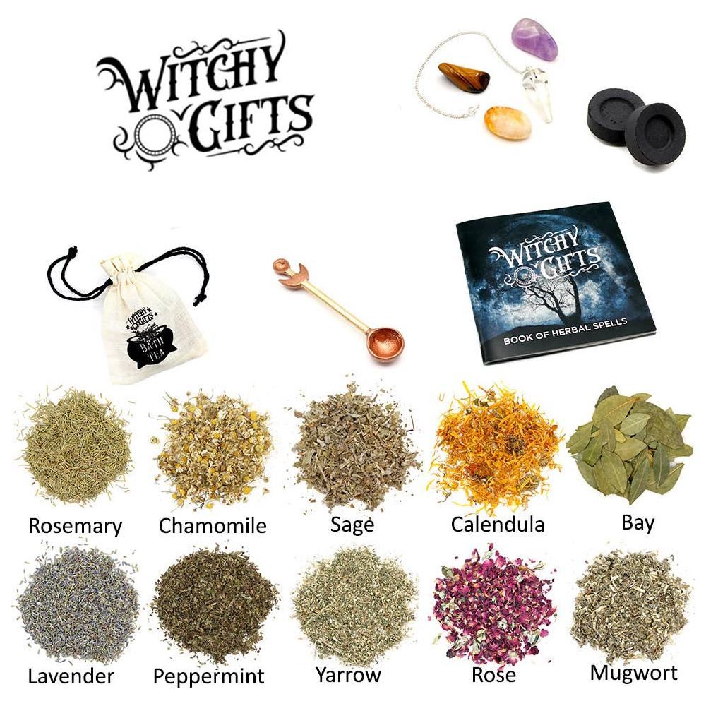 Witchcraft Herb Spell Kit – Crystals, Herbs, Pendulum & Spellbook for Rituals & Magick