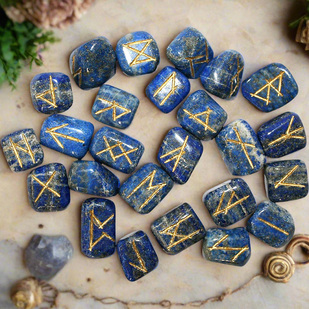 Lapis Lazuli Rune Set – Crystal Divination Stones with Chart & Pouch