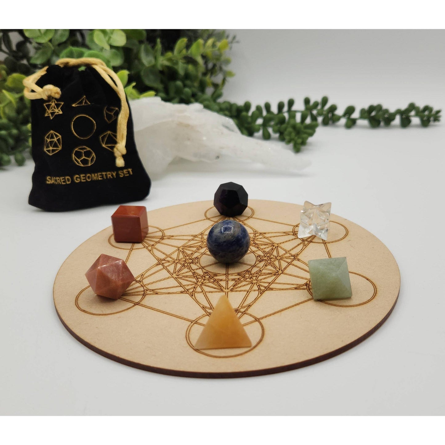 7-Piece Chakra Sacred Geometry Crystal Set with Grid & Velvet Pouch