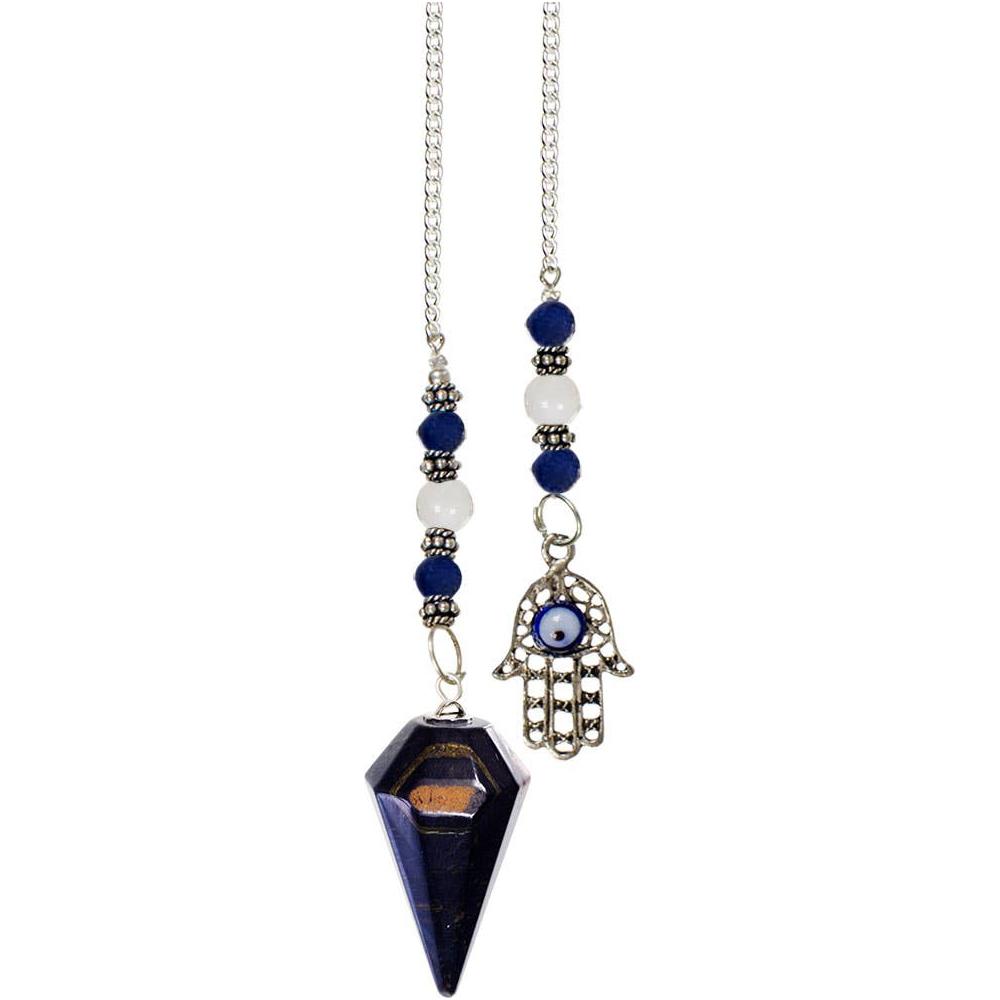 Blue Tiger Eye Pendulum with Fatima Hand & Evil Eye – Hexagonal Crystal Divination Tool