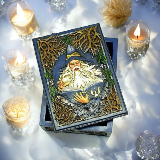 Wizard Tarot Box – Hand-Painted Resin Storage for Tarot Cards, Runes & Keepsakes