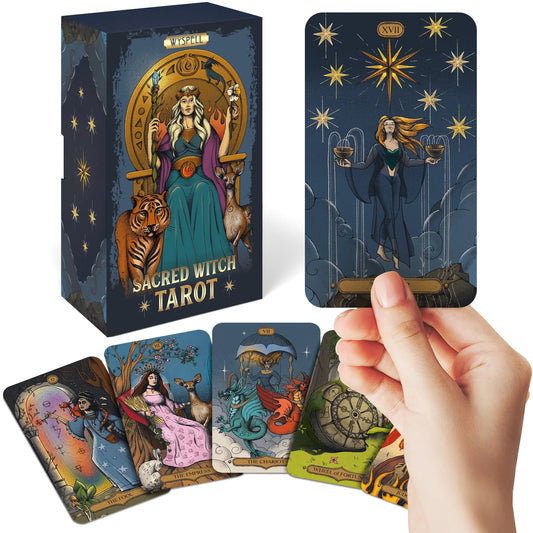 Sacred Witch Tarot Deck with 200-Page Guide Book | Folklore, Herbal Wisdom & Mystical Tarot Cards
