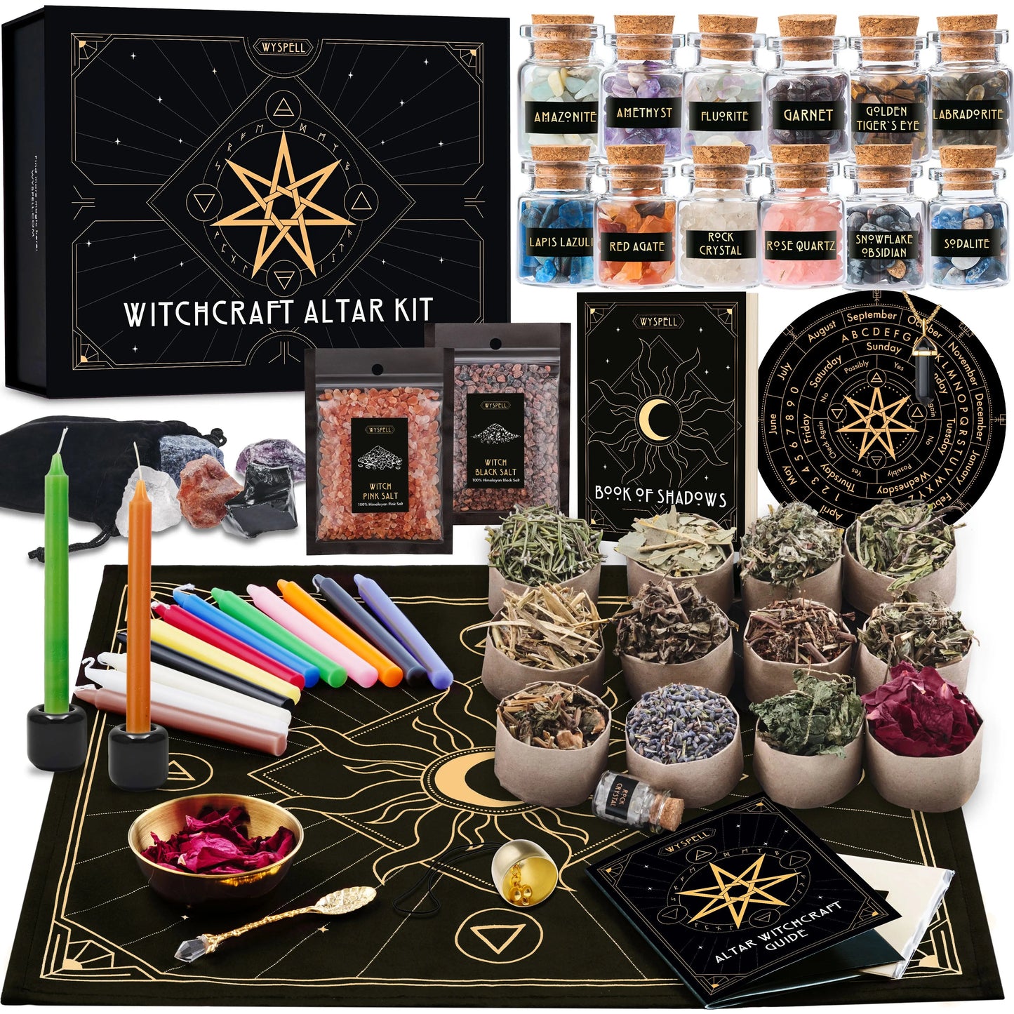 77 PCS Witchcraft Kit – Complete Altar Starter Set with Herbs, Crystals, Candles & Pendulum Board