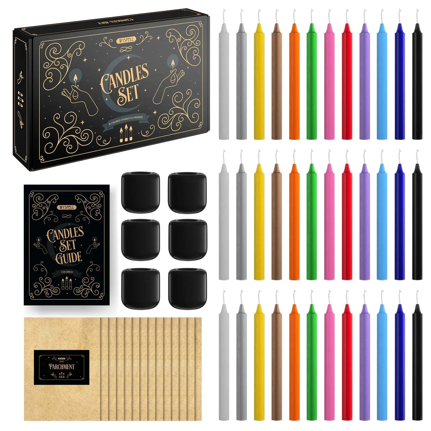 36-Piece Colored Spell Candle Kit with Holders, Parchments & Guidebook