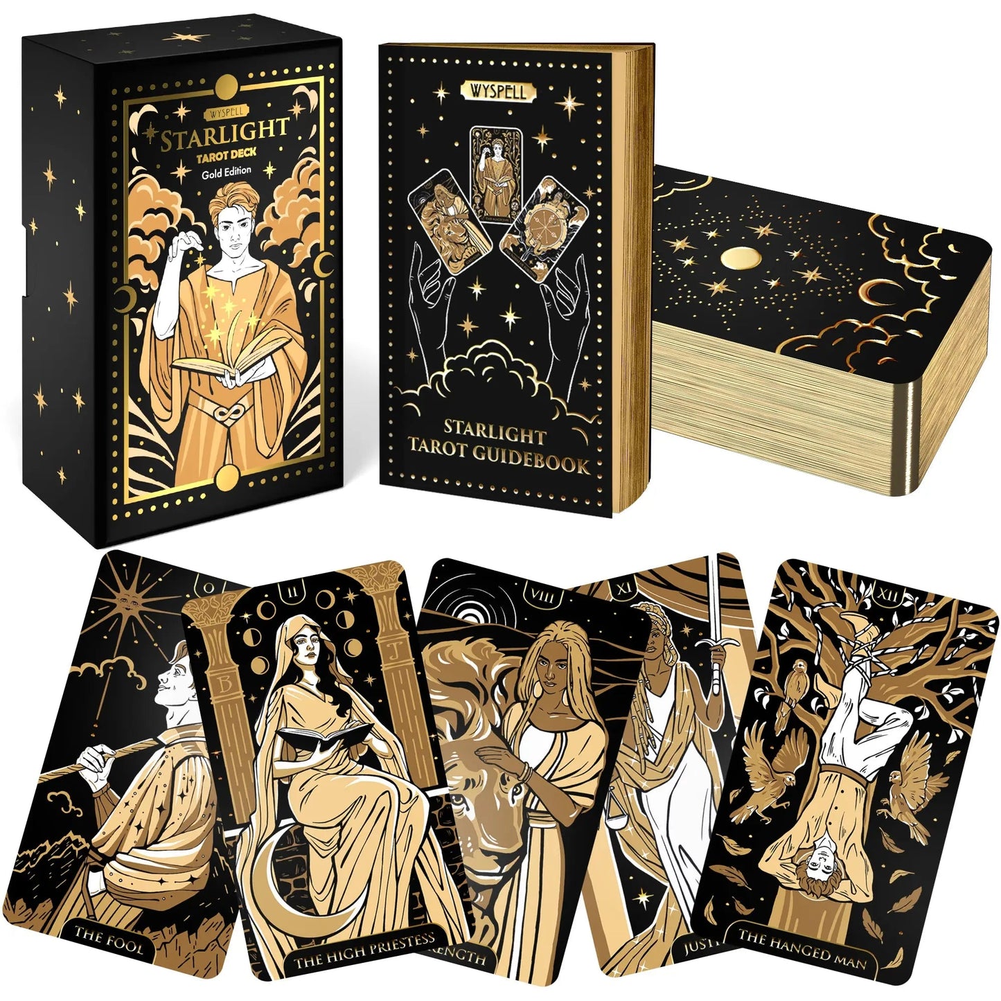Starlight Gold Tarot Deck with Guidebook – Celestial Tarot Cards with Gold Edges