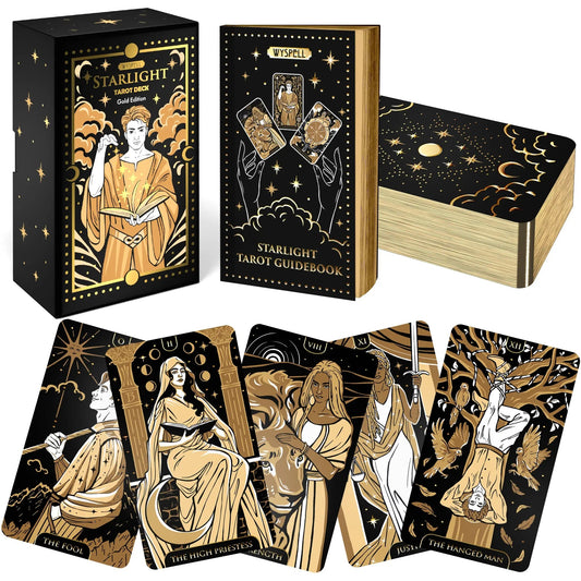 Starlight Gold Tarot Deck with Guidebook – Celestial Tarot Cards with Gold Edges