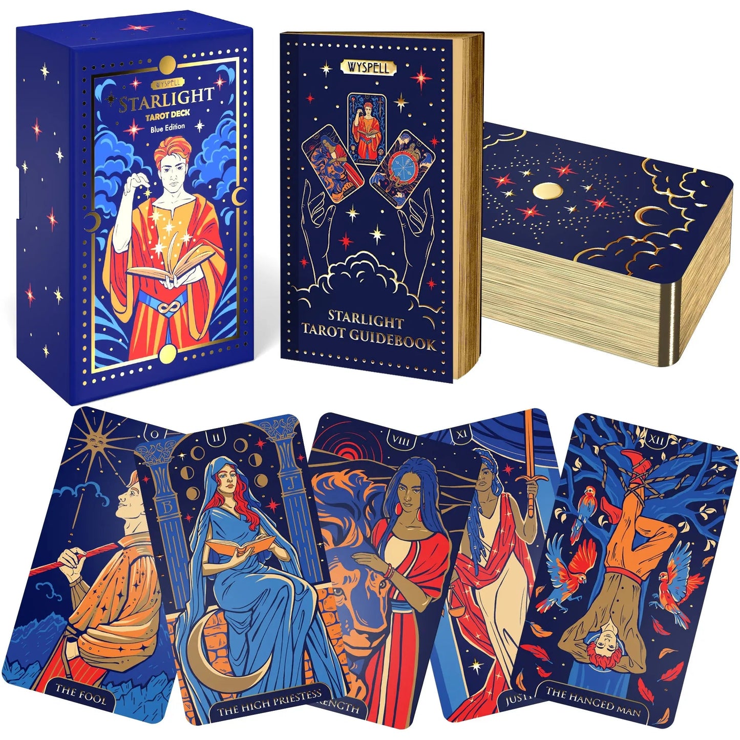 Starlight Blue Tarot Deck with Guidebook – Gold Edge Celestial 78 Card Tarot Set