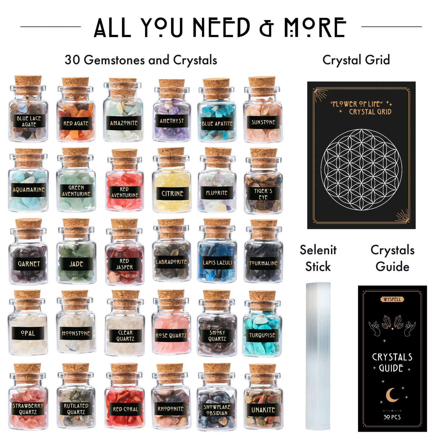 30 PCS Gemstone Kit – Crystals for Witchcraft, Crystal Grids, Chakra Healing & Spellwork