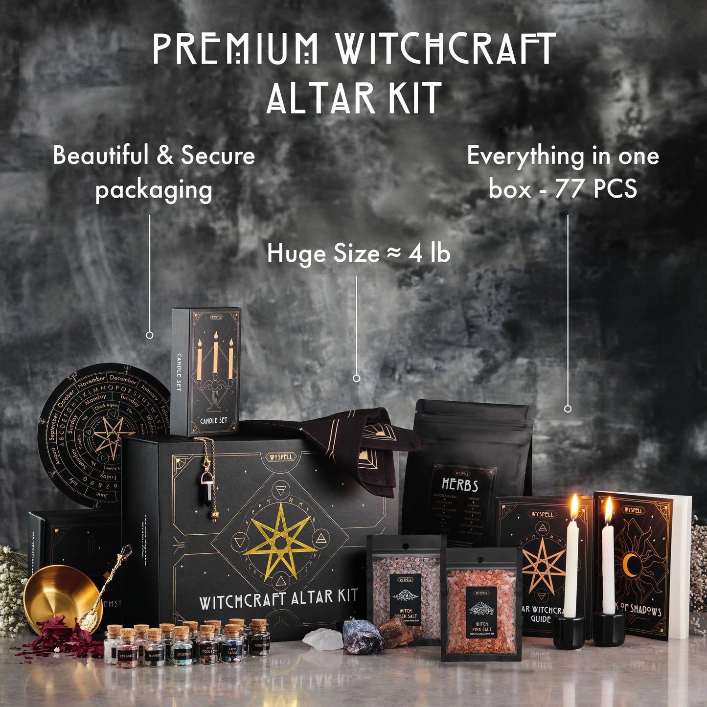 77 PCS Witchcraft Kit – Complete Altar Starter Set with Herbs, Crystals, Candles & Pendulum Board