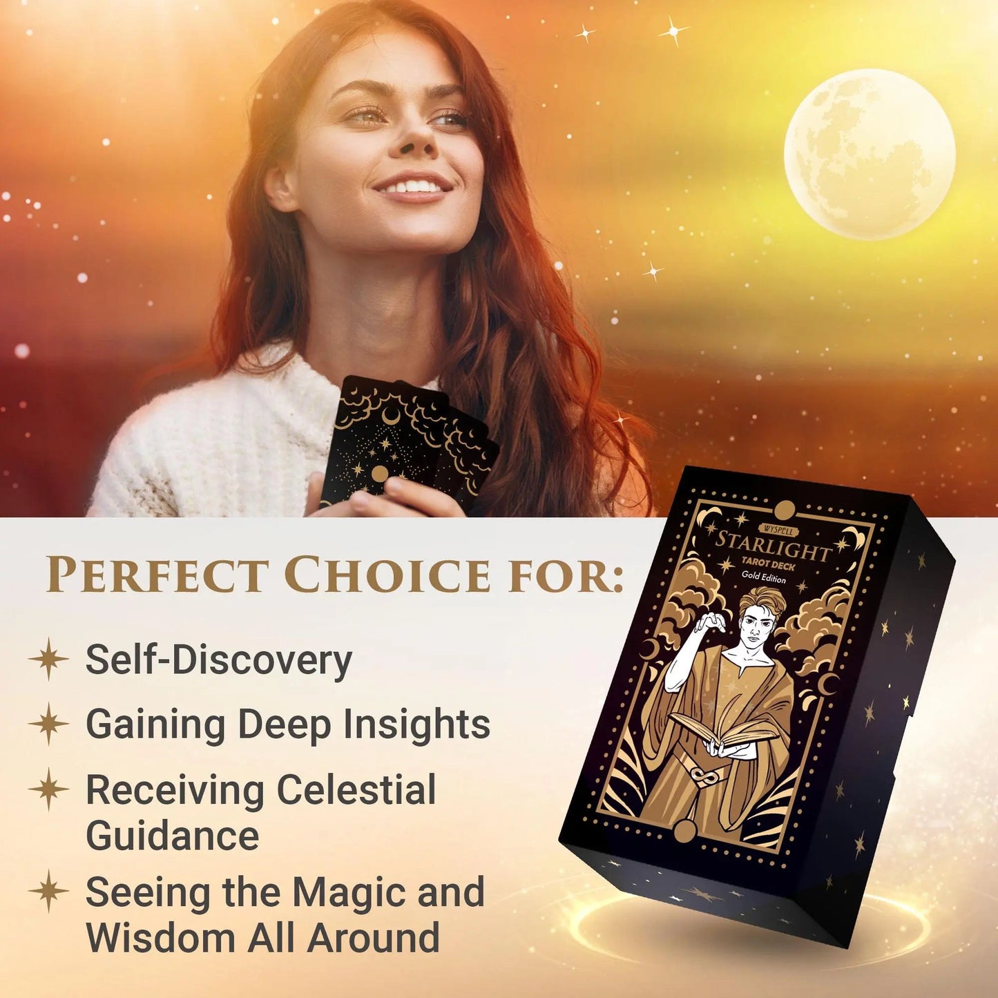 Starlight Gold Tarot Deck with Guidebook – Celestial Tarot Cards with Gold Edges