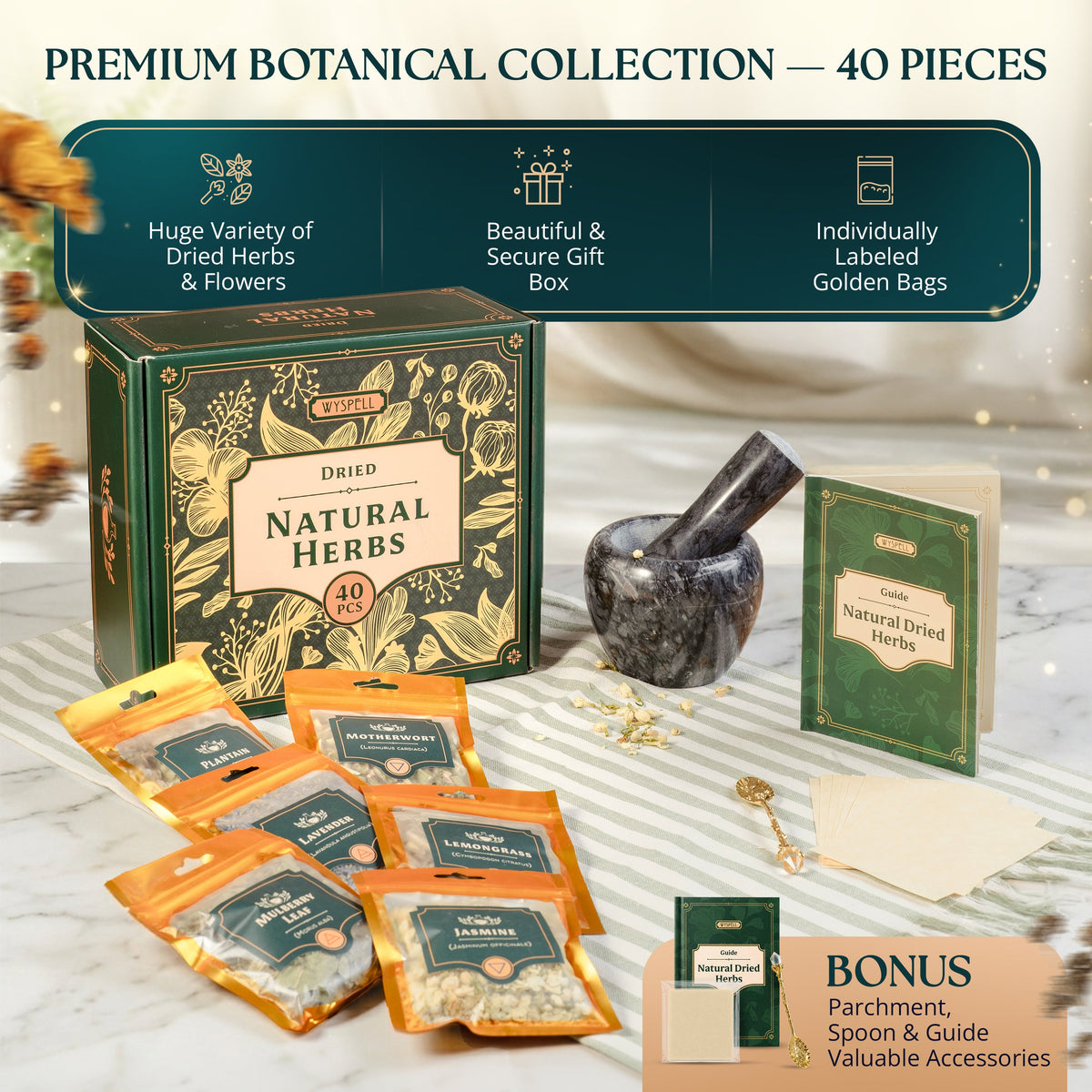 40-Piece Witchcraft Herb Kit | Dried Herbs & Flowers with Guide