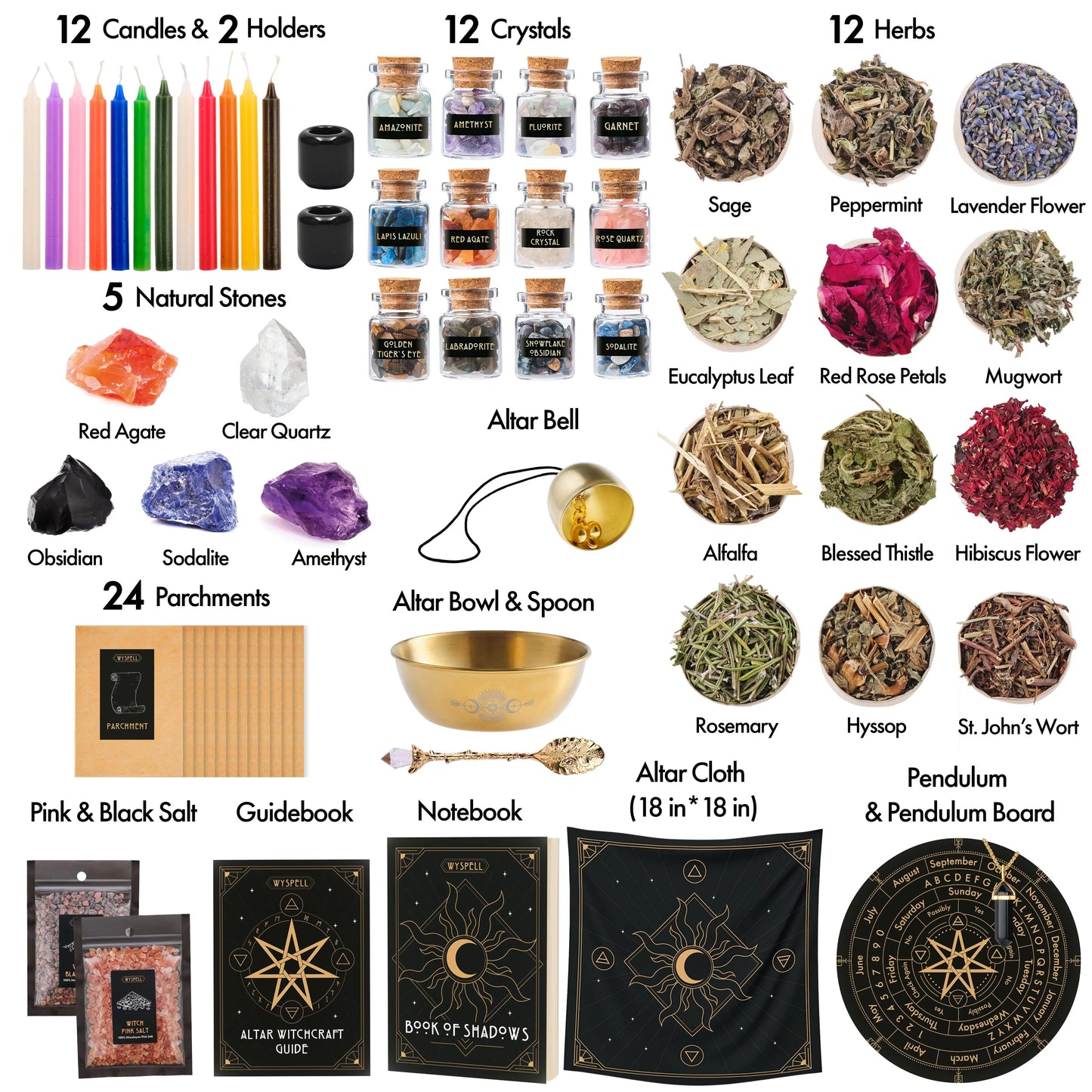77 PCS Witchcraft Kit – Complete Altar Starter Set with Herbs, Crystals, Candles & Pendulum Board