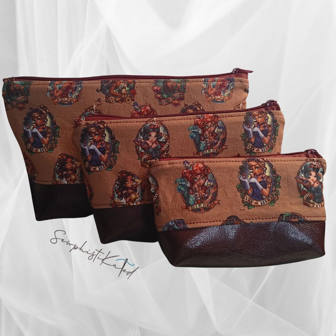 Gothic Princess Makeup Bag Set – 3pc or 4pc Waterproof Lined Cosmetic Bags