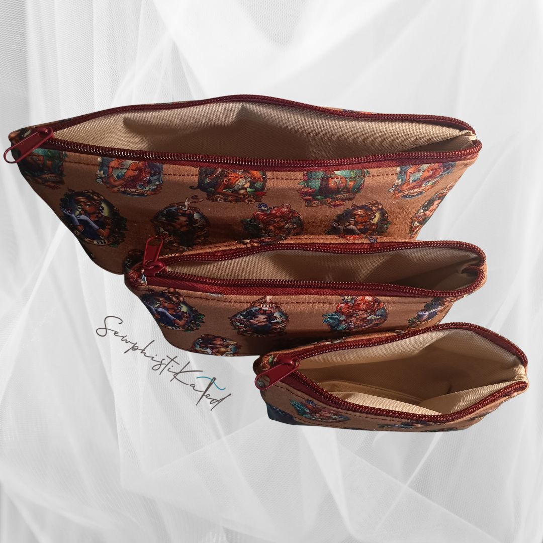 Gothic Princess Makeup Bag Set – 3pc or 4pc Waterproof Lined Cosmetic Bags