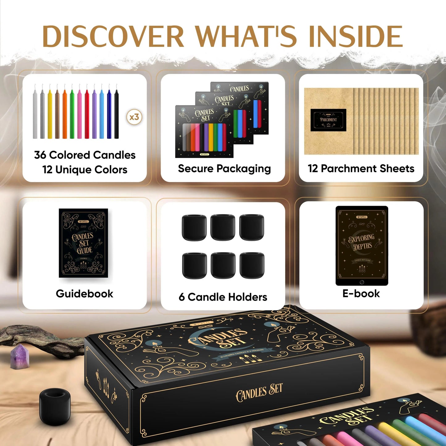 36-Piece Colored Spell Candle Kit with Holders, Parchments & Guidebook