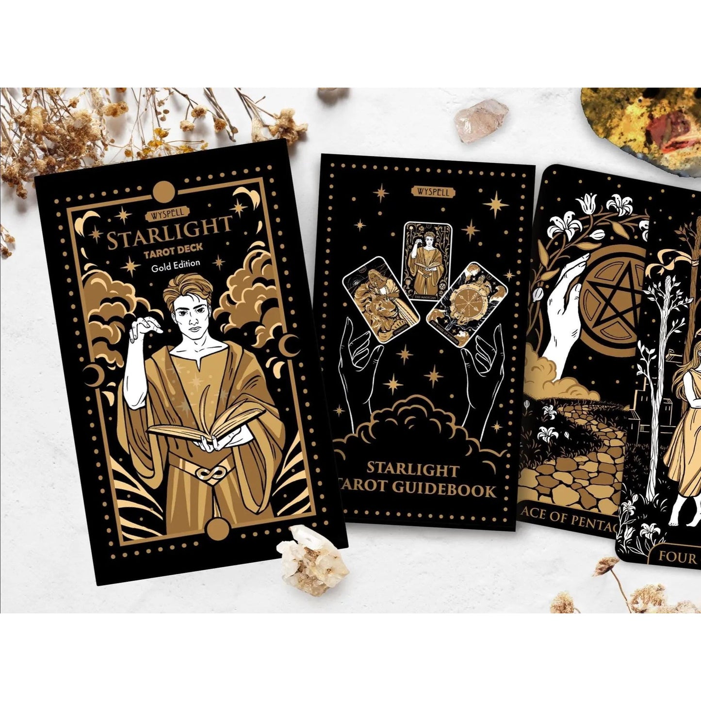 Starlight Gold Tarot Deck with Guidebook – Celestial Tarot Cards with Gold Edges