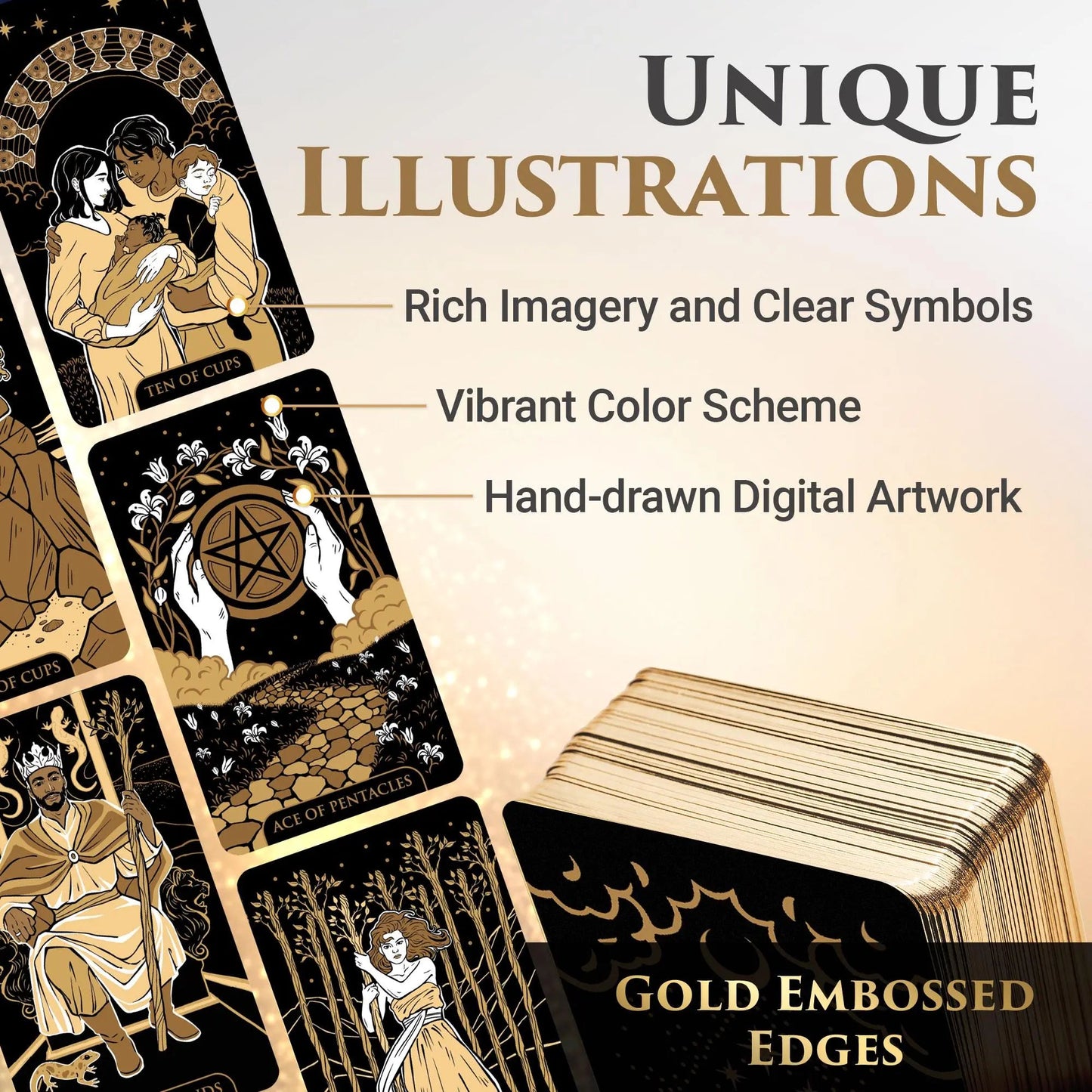 Starlight Gold Tarot Deck with Guidebook – Celestial Tarot Cards with Gold Edges