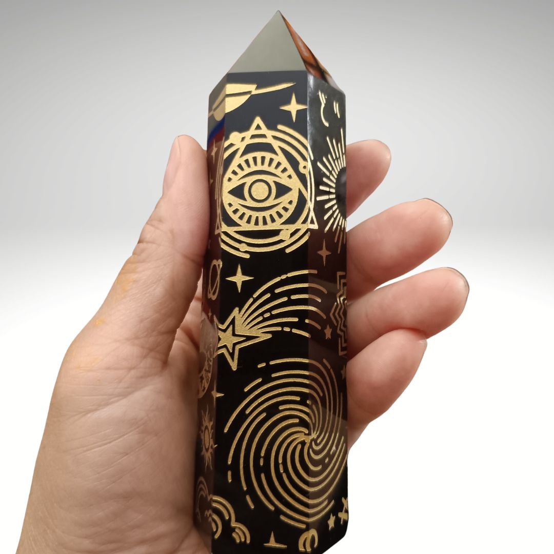 Black Obsidian Gold Celestial Tower – 5.25" Etched Protection Crystal Point
