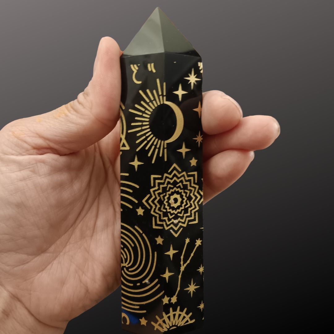 Black Obsidian Gold Celestial Tower – 5.25" Etched Protection Crystal Point