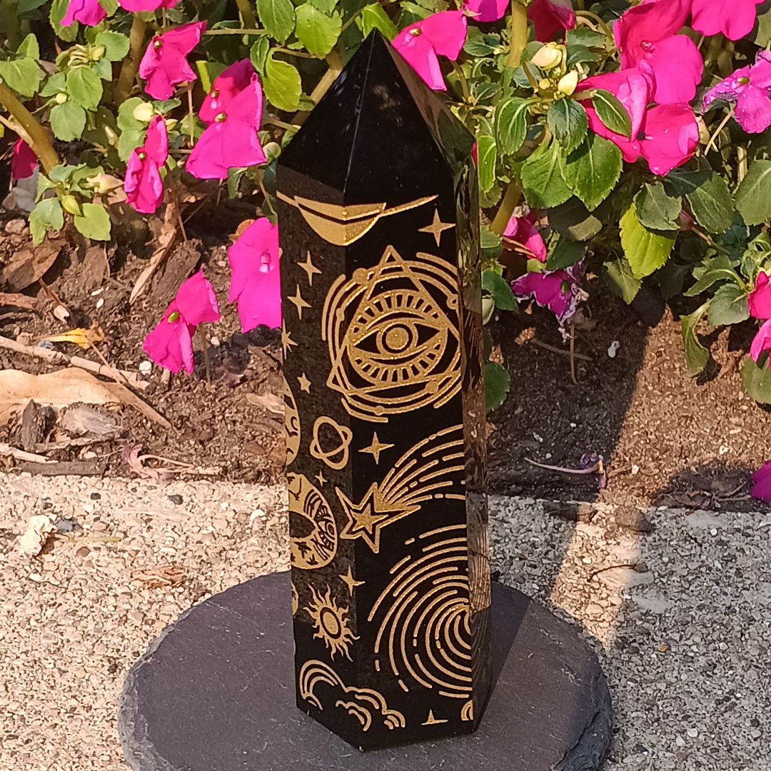 Black Obsidian Gold Celestial Tower – 5.25" Etched Protection Crystal Point