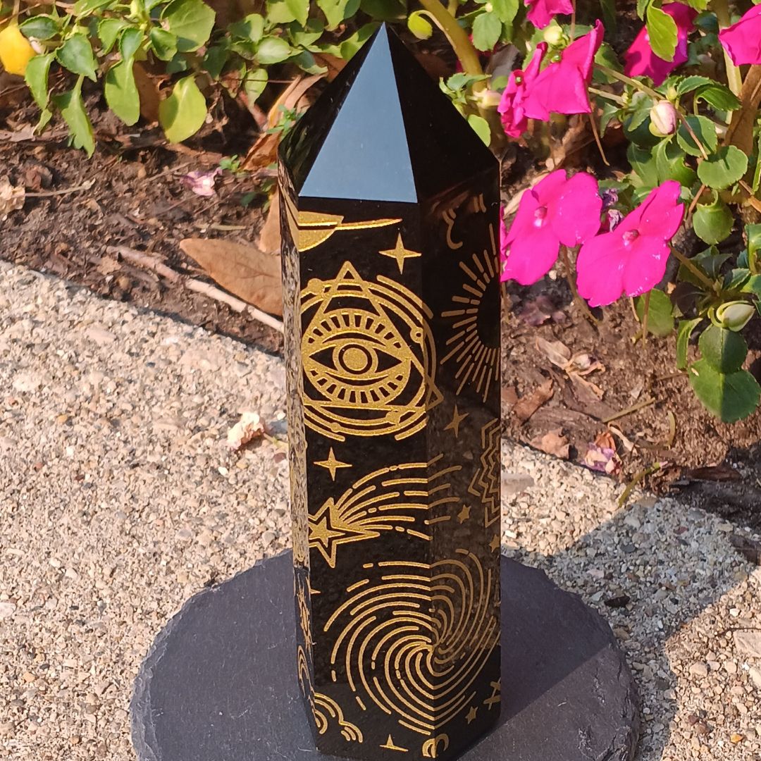 Black Obsidian Gold Celestial Tower – 5.25" Etched Protection Crystal Point