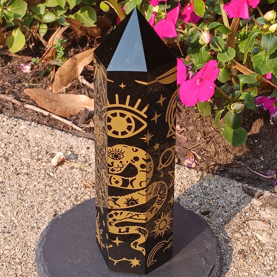 Black Obsidian Gold Celestial Tower – 5.25" Etched Protection Crystal Point