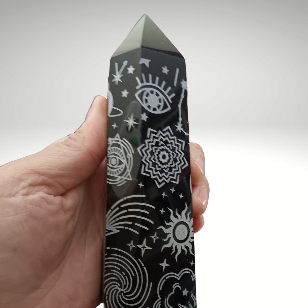 Large Black Obsidian Celestial Tower – 7.25" Etched Protection Crystal Point