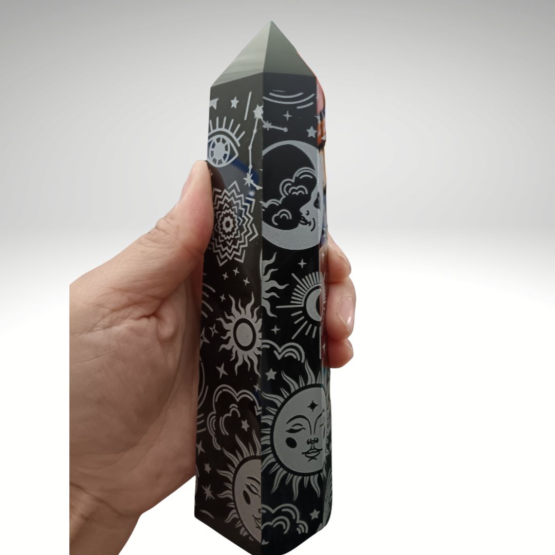 Large Black Obsidian Celestial Tower – 7.25" Etched Protection Crystal Point