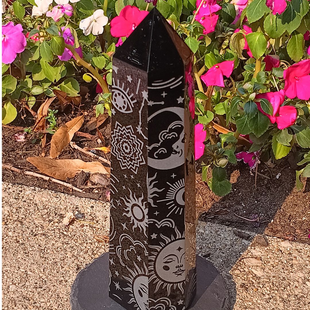 Large Black Obsidian Celestial Tower – 7.25" Etched Protection Crystal Point