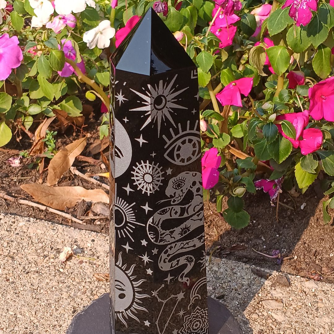 Large Black Obsidian Celestial Tower – 7.25" Etched Protection Crystal Point