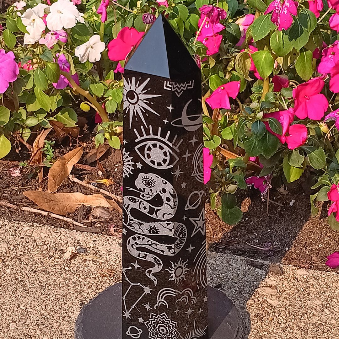Large Black Obsidian Celestial Tower – 7.25" Etched Protection Crystal Point
