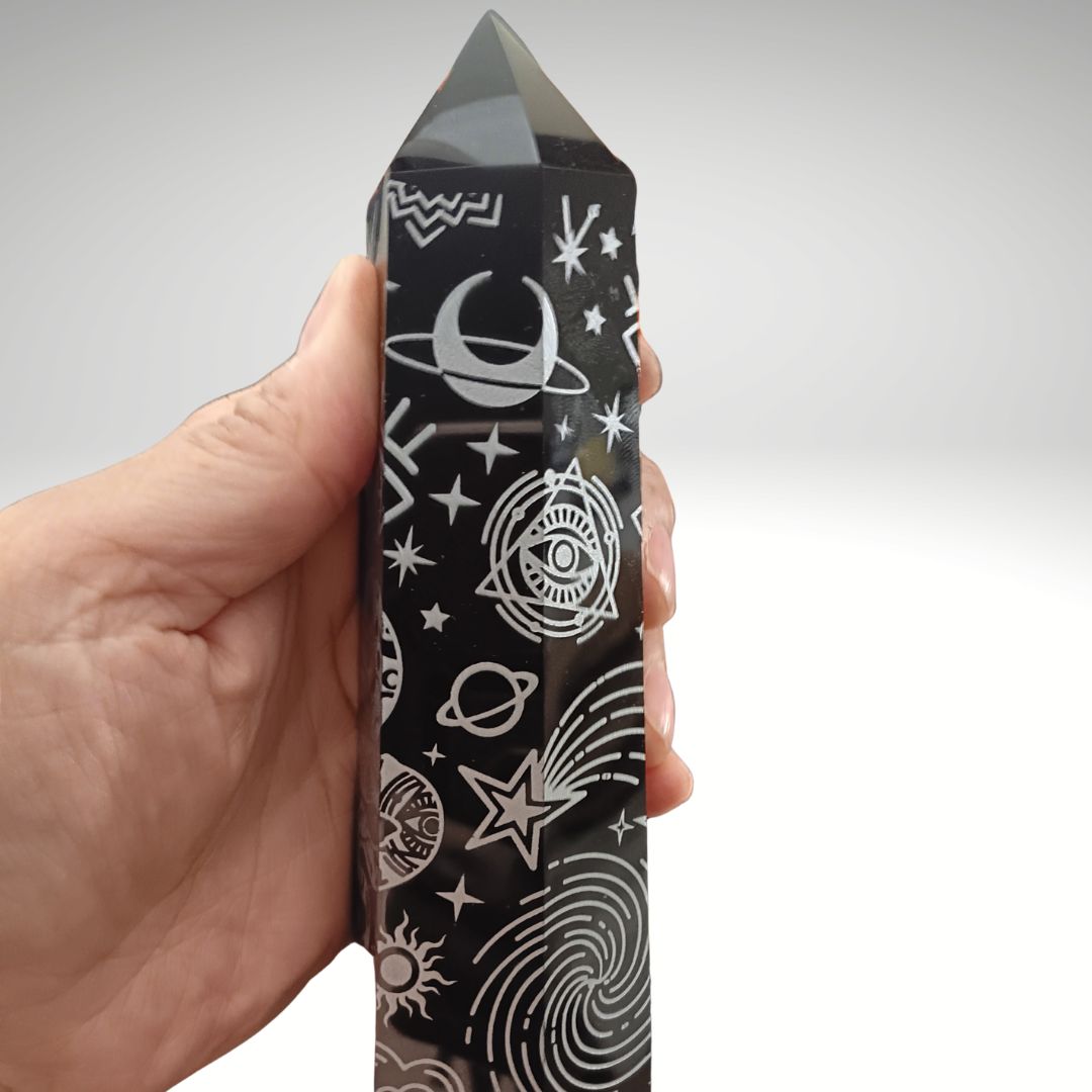Large Black Obsidian Celestial Tower – 7.25" Etched Protection Crystal Point