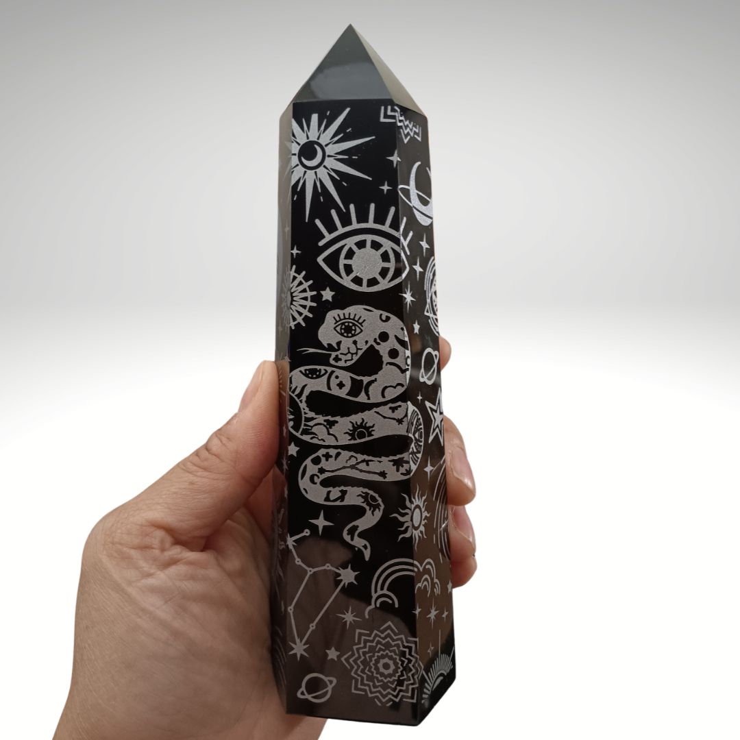 Large Black Obsidian Celestial Tower – 7.25" Etched Protection Crystal Point
