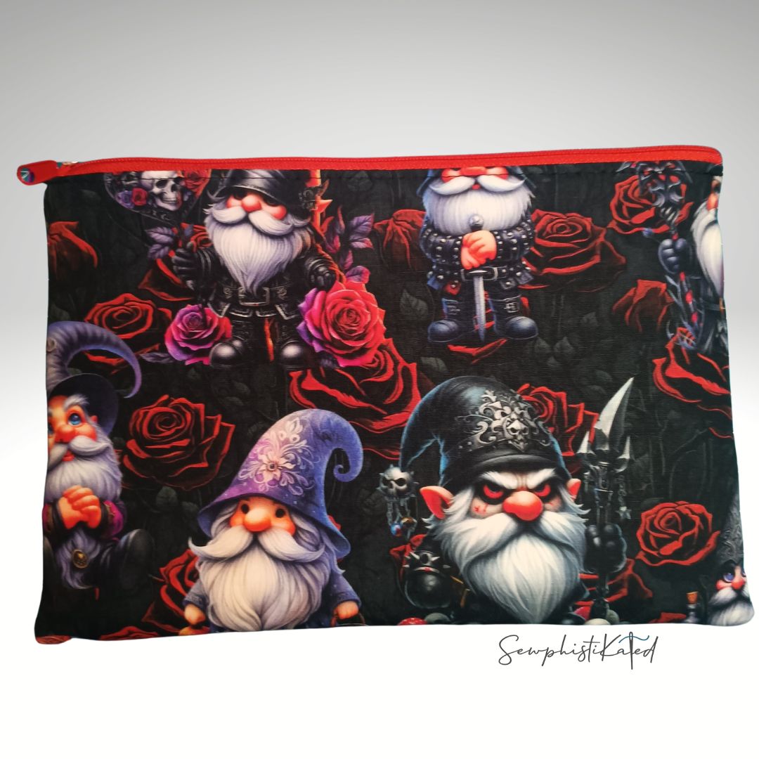 Dark Goth Gnomes & Skulls Zipper Pouch | Handmade Cotton Bag