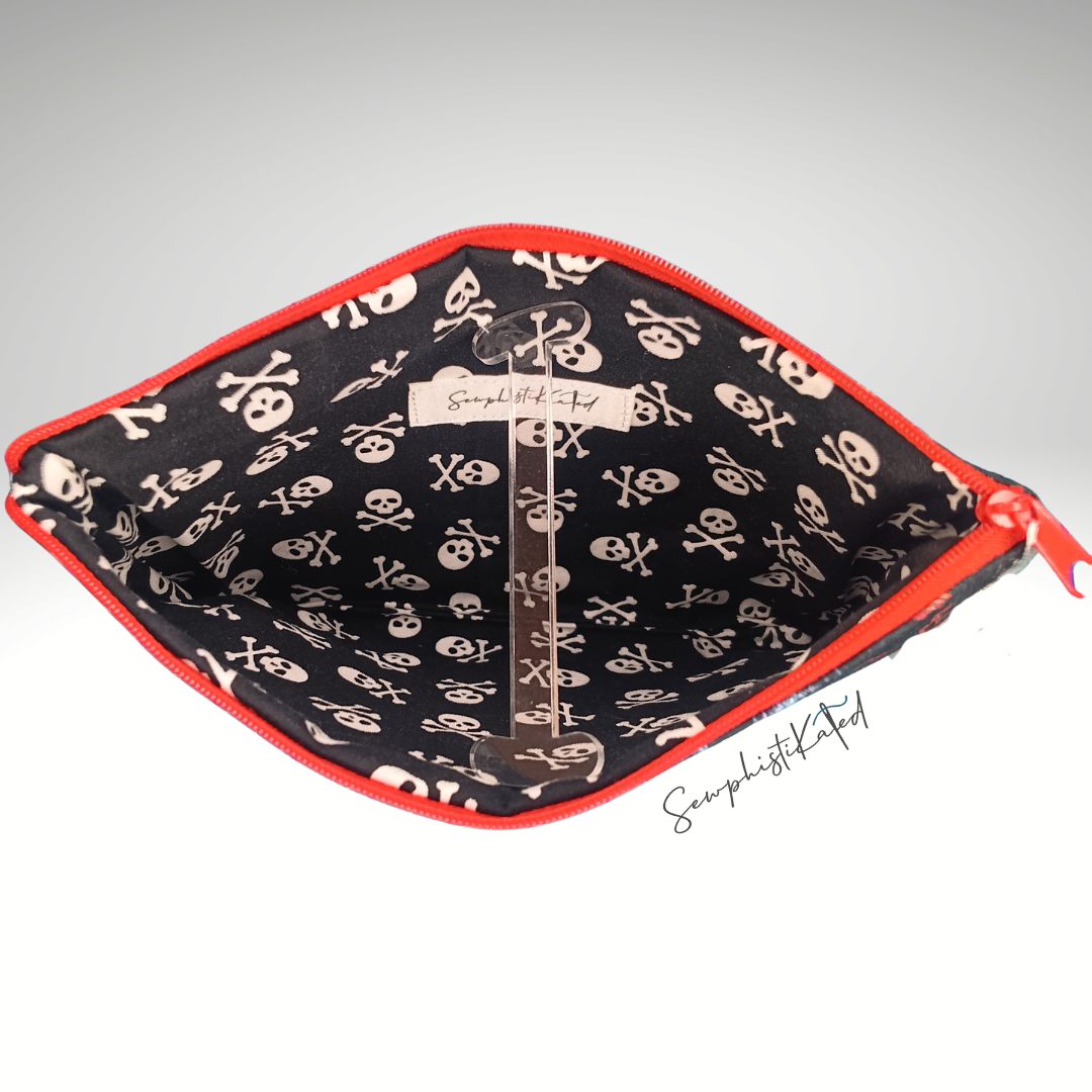 Dark Goth Gnomes & Skulls Zipper Pouch | Handmade Cotton Bag