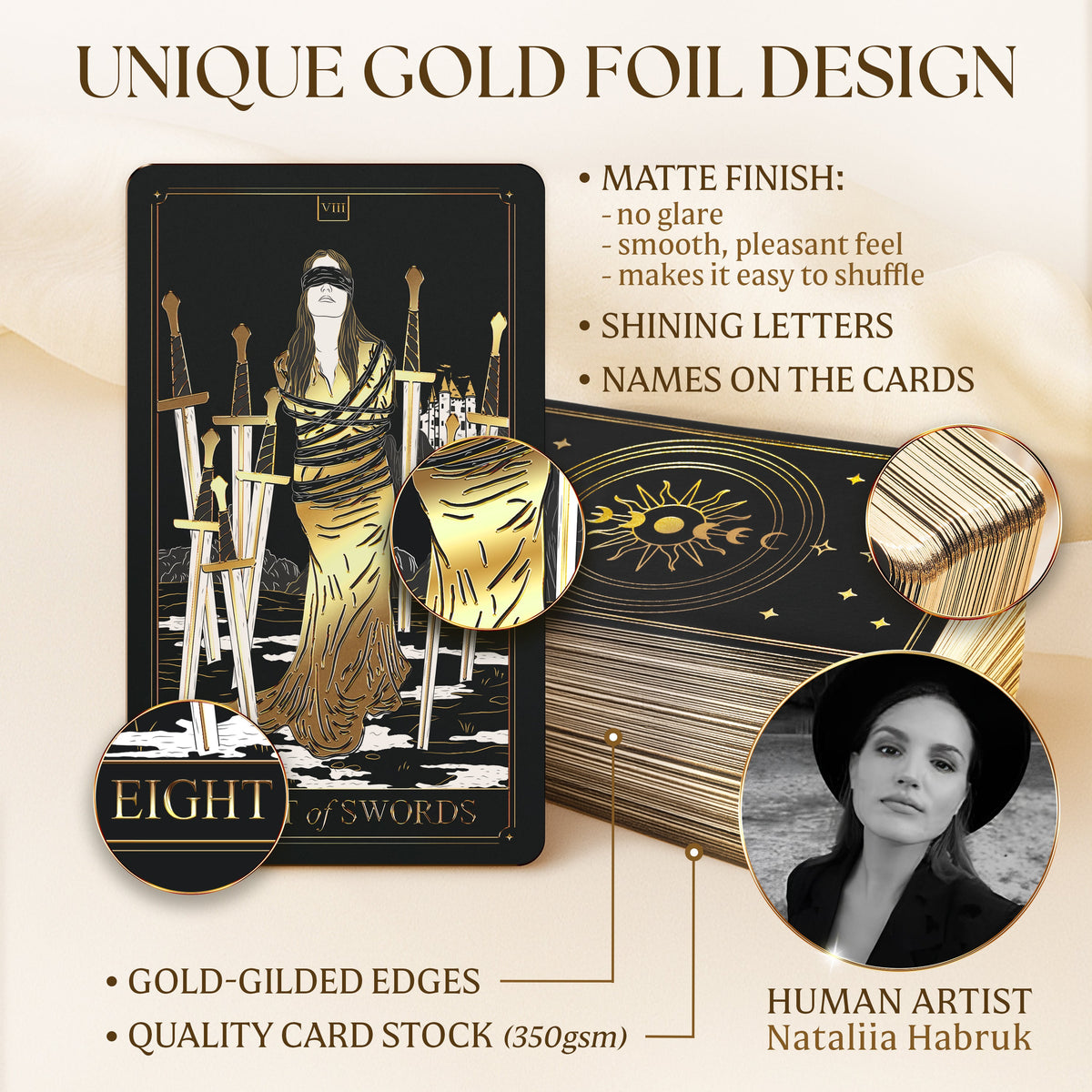 Gold Tarot Deck with Guidebook – Black & Gold 78 Card Tarot Set