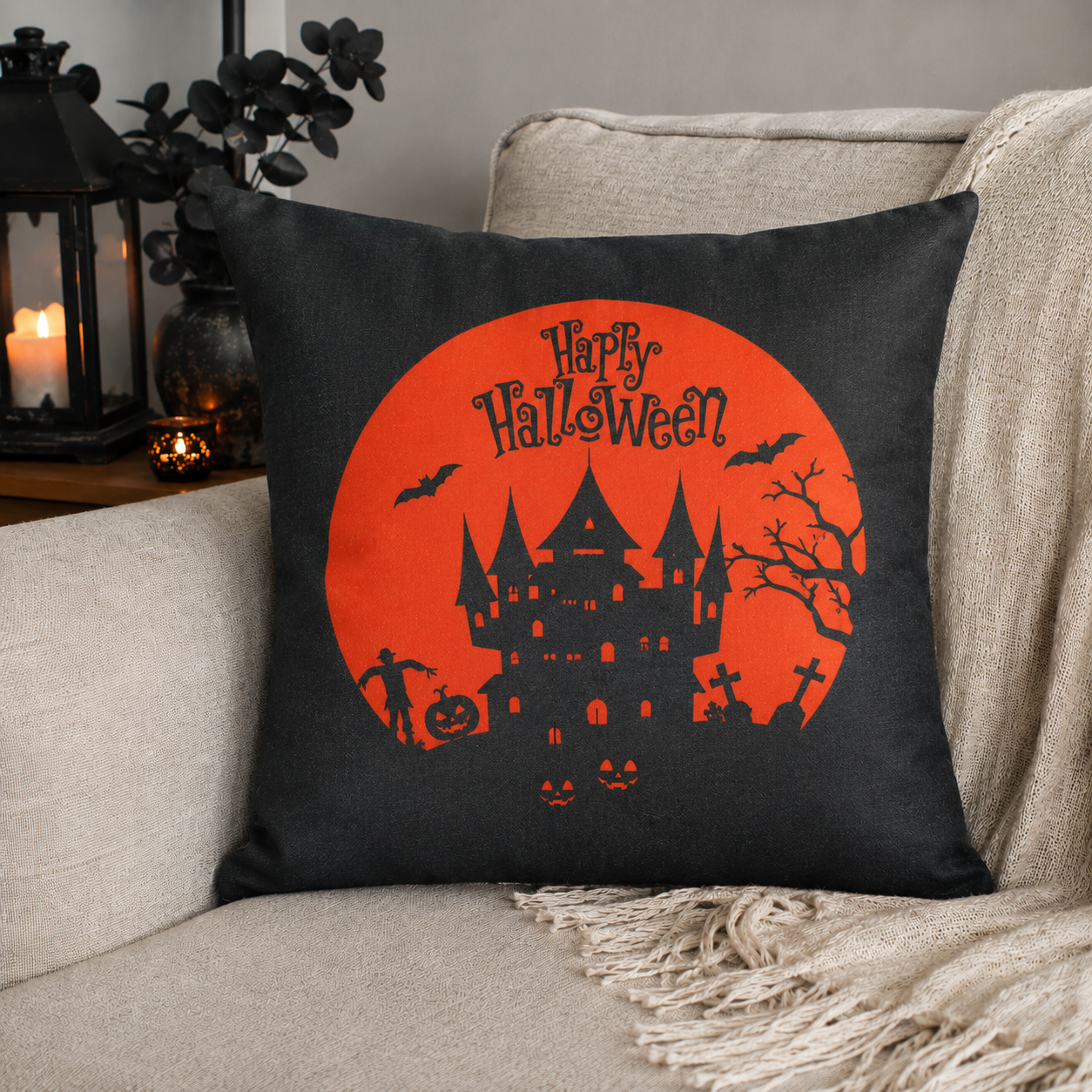 Halloween Burlap Canvas Throw Pillow Covers – Trick or Treat, Haunted House & Jack-O’-Lantern Designs