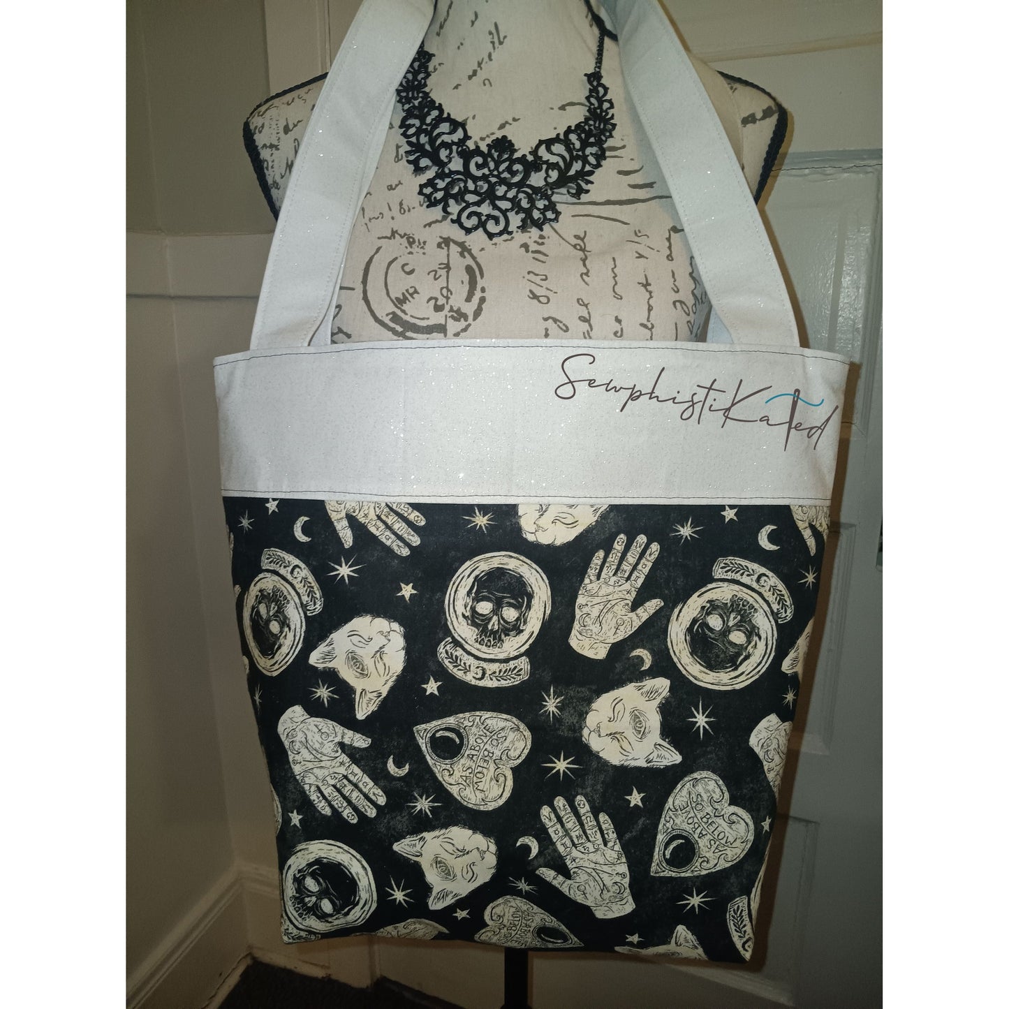 Midnight Divination Tote Bag – Handmade Witchy Bag with Multiple Pockets & Mystic Print