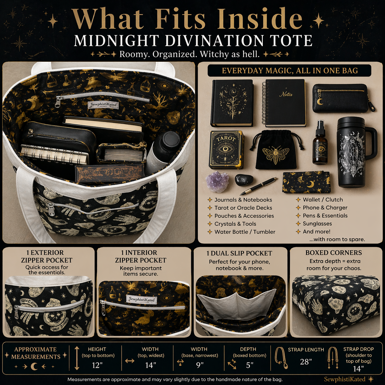 Midnight Divination Tote Bag – Handmade Witchy Bag with Multiple Pockets & Mystic Print