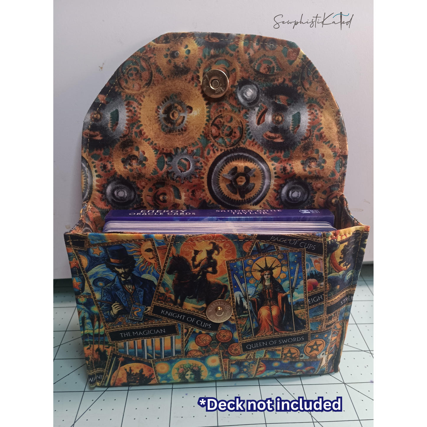 Handmade Tarot & Oracle Card Deck Case – Tarot Theme, Steampunk Lined, Snap Closure (5.75”)