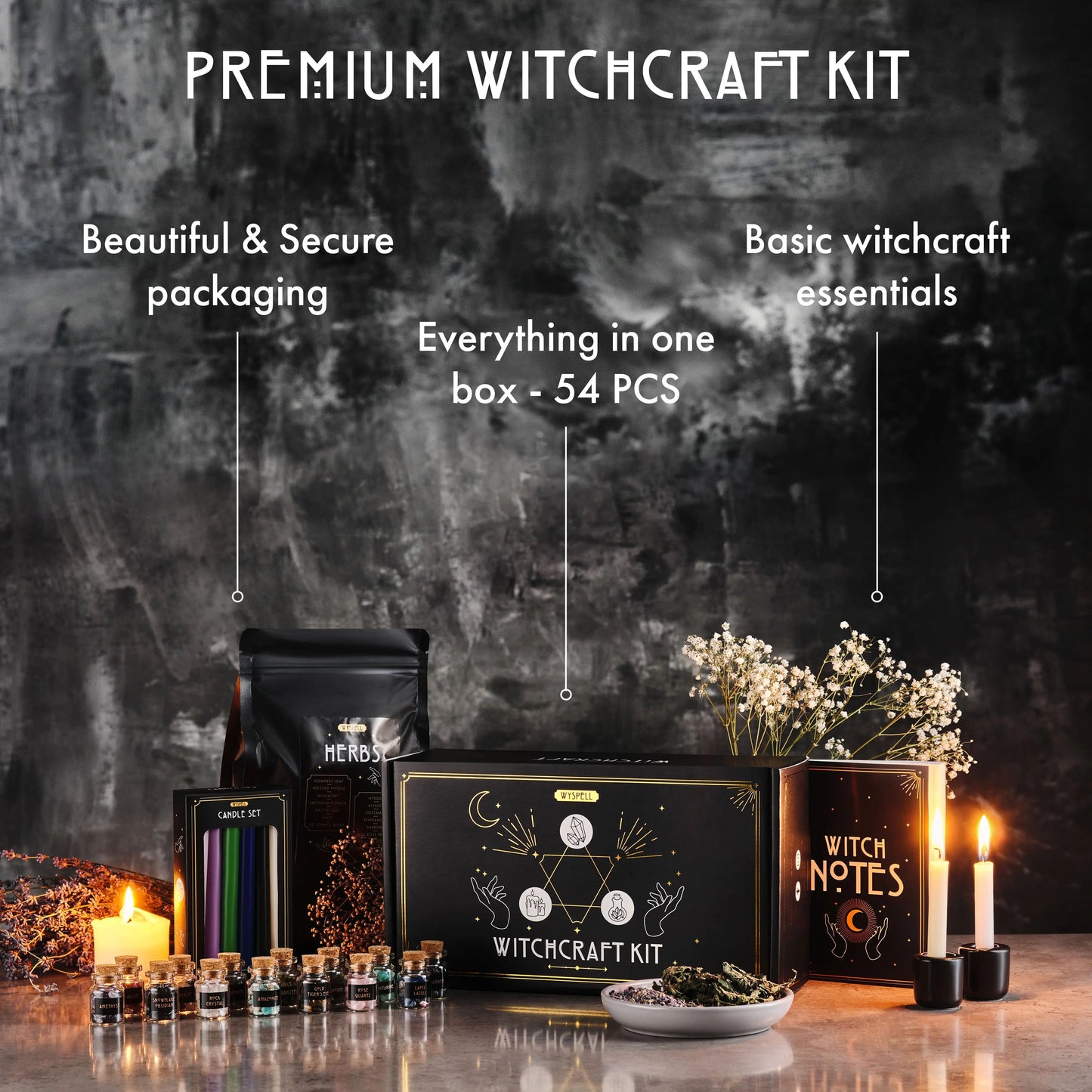 54 PCS Witchcraft Kit – Complete Beginner Altar Starter Set with Herbs, Crystals, Candles & Spell Supplies
