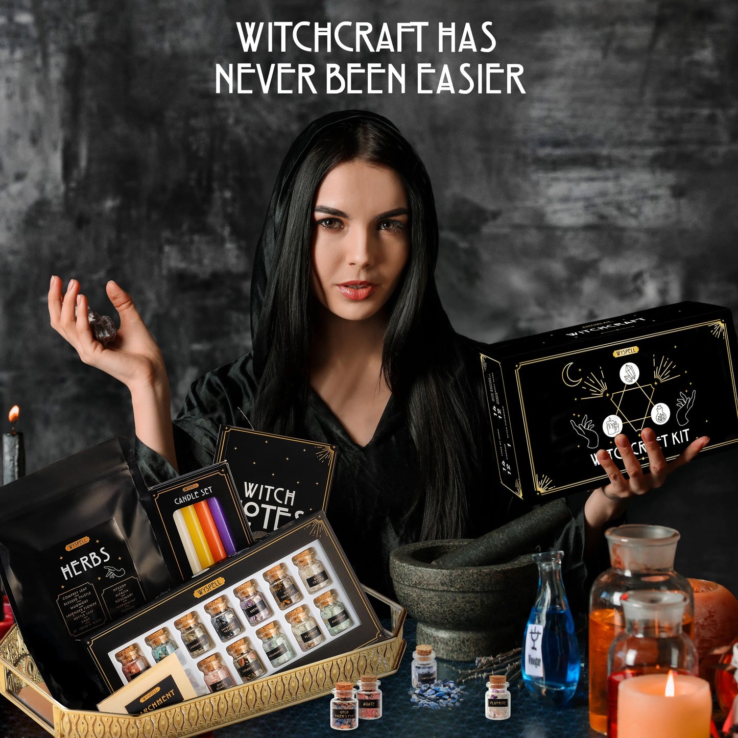 54 PCS Witchcraft Kit – Complete Beginner Altar Starter Set with Herbs, Crystals, Candles & Spell Supplies