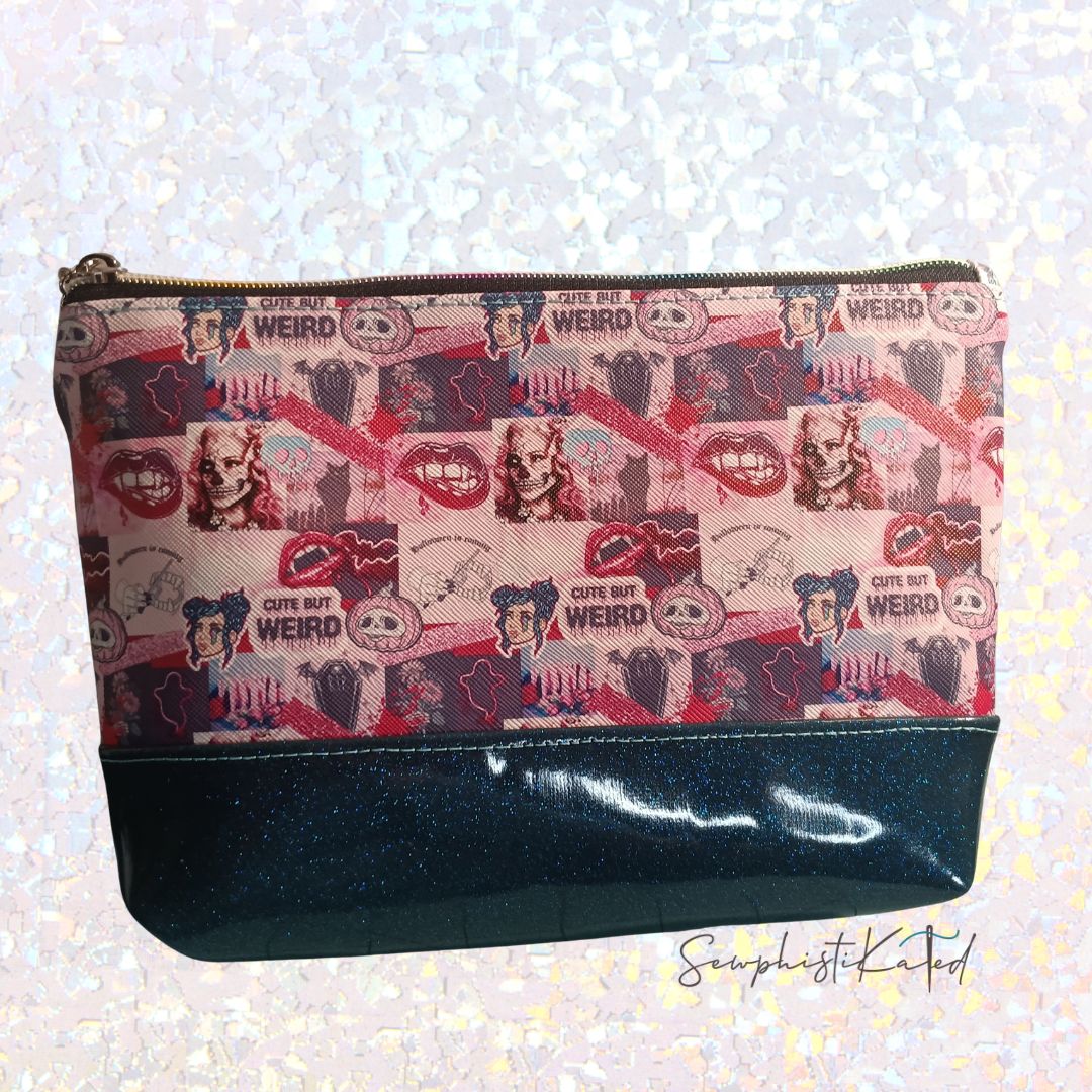 "Weird But Cute" Gothic Makeup Bag – Skull & Vampire Collage Faux Leather Pouch