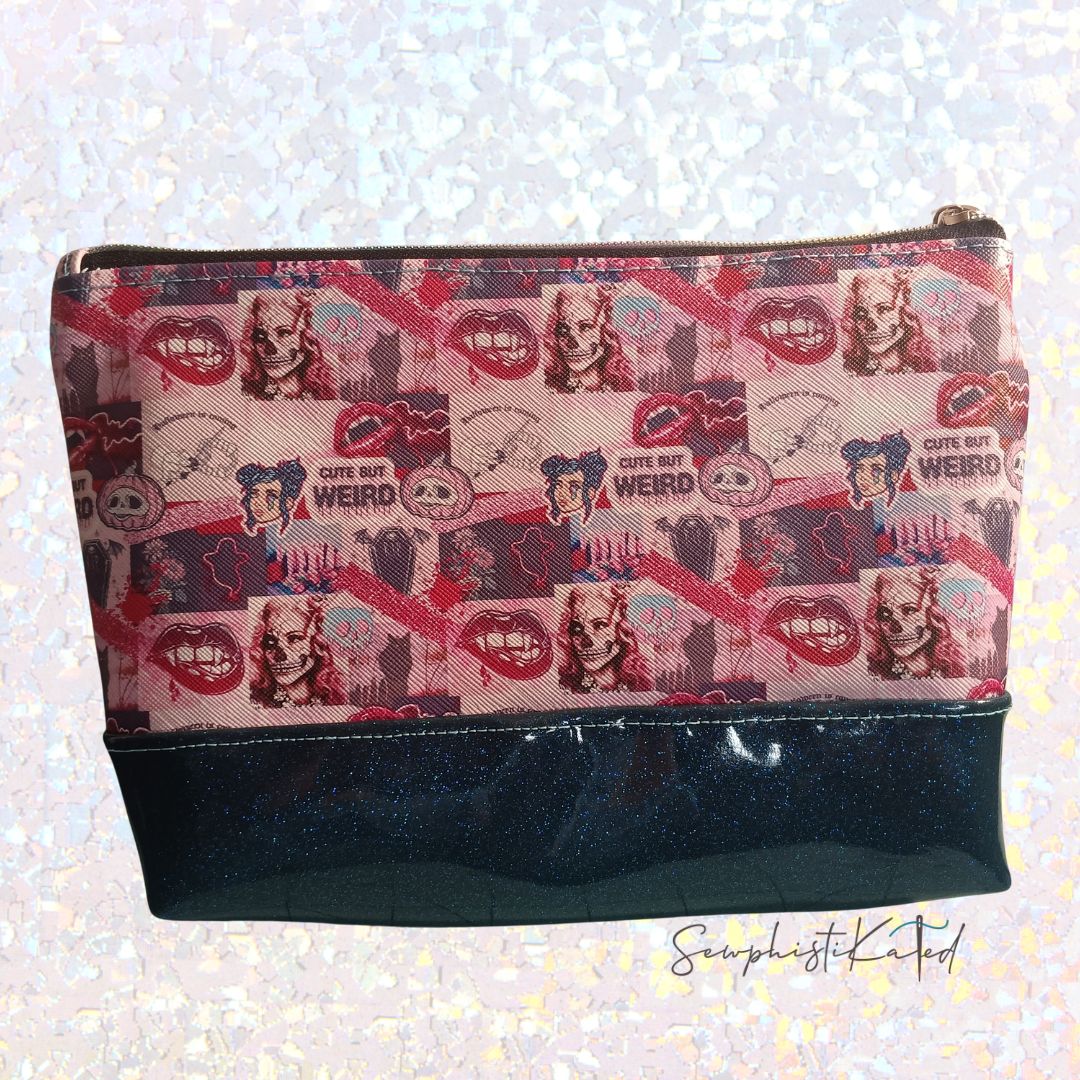 "Weird But Cute" Gothic Makeup Bag – Skull & Vampire Collage Faux Leather Pouch
