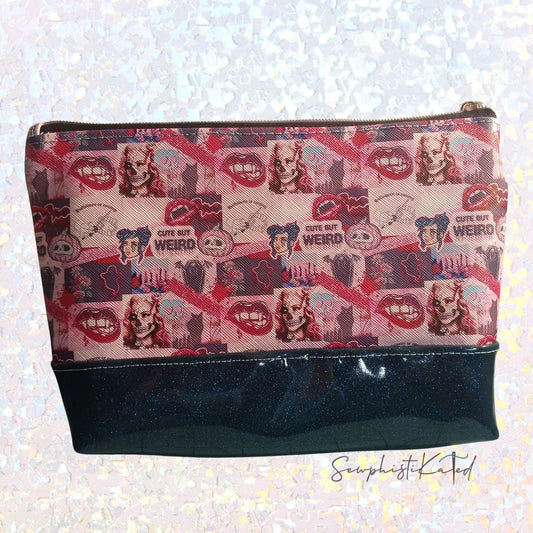 "Weird But Cute" Gothic Makeup Bag – Skull & Vampire Collage Faux Leather Pouch