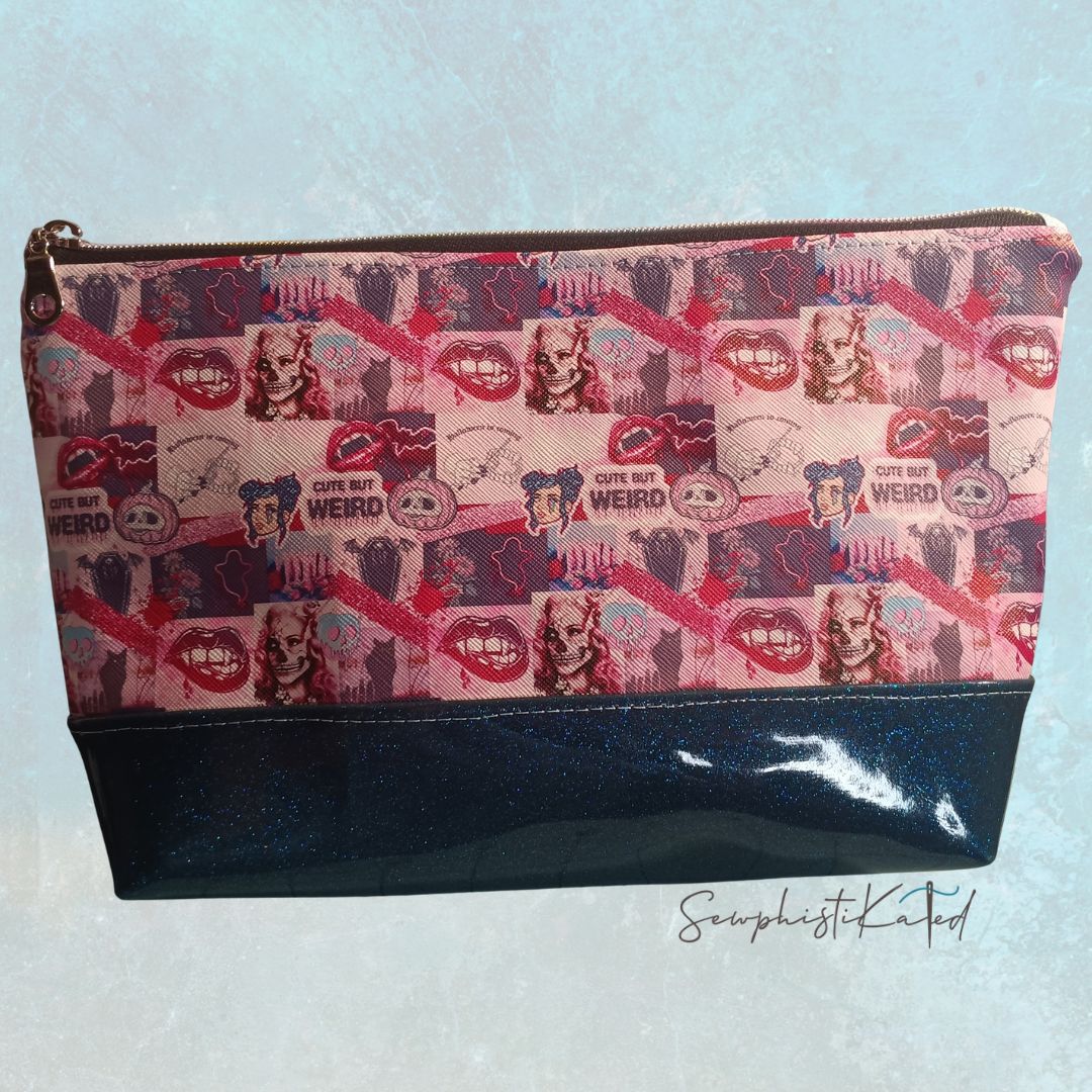 "Weird But Cute" Gothic Makeup Bag – Skull & Vampire Collage Faux Leather Pouch