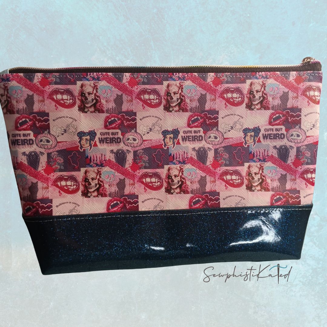 "Weird But Cute" Gothic Makeup Bag – Skull & Vampire Collage Faux Leather Pouch
