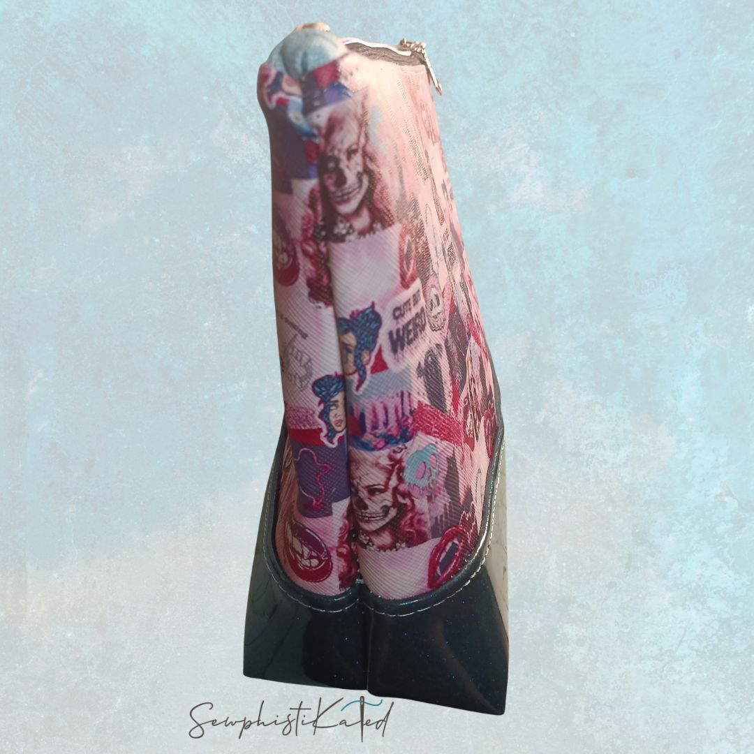 "Weird But Cute" Gothic Makeup Bag – Skull & Vampire Collage Faux Leather Pouch