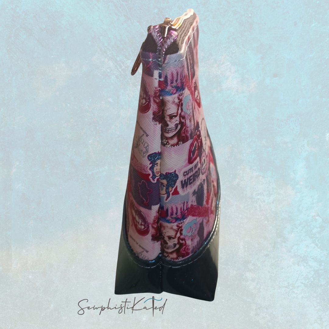 "Weird But Cute" Gothic Makeup Bag – Skull & Vampire Collage Faux Leather Pouch