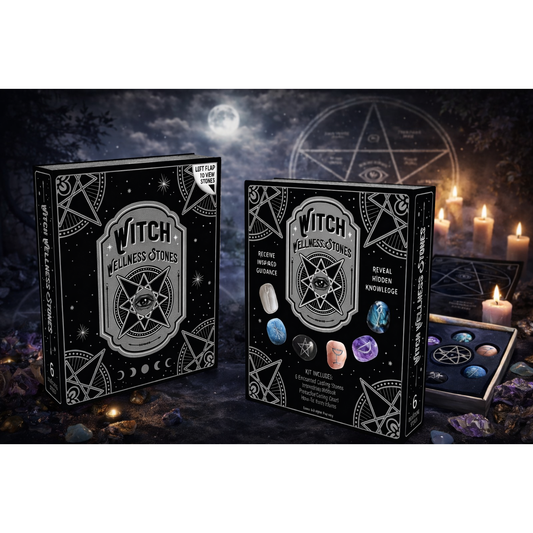 Witch Wellness Stones Kit – Divination Set with Crystal Casting Stones & Pentacle Chart